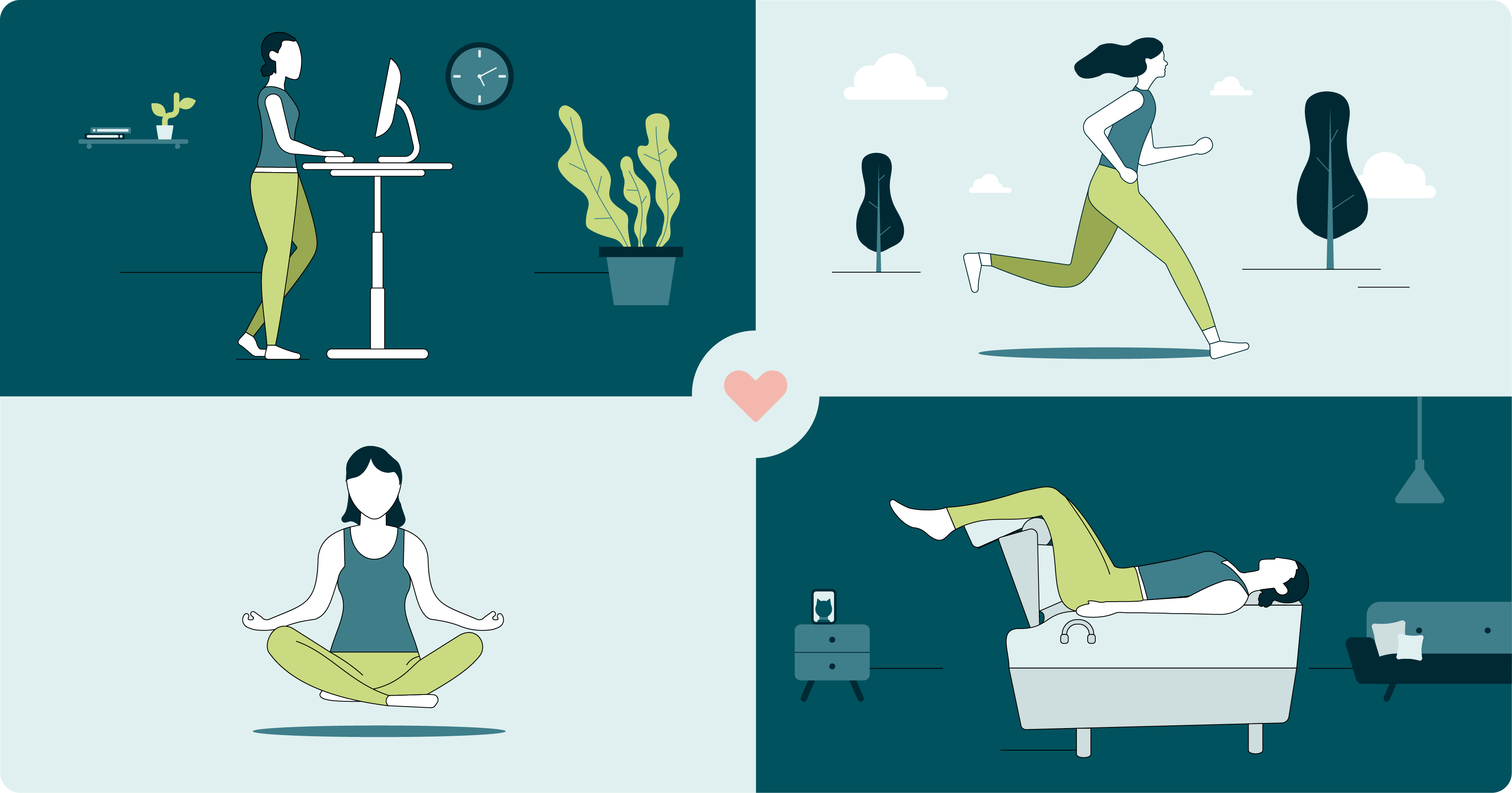 Illustration with 4 sections that show a person stood at a desk, a person running, a person meditating and a person relaxing on backhug