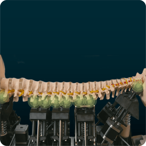 BackHug's robotic fingers treating stiff joints along the spine. Green dots show where the fingers are releasing tension from the lower back up to the neck