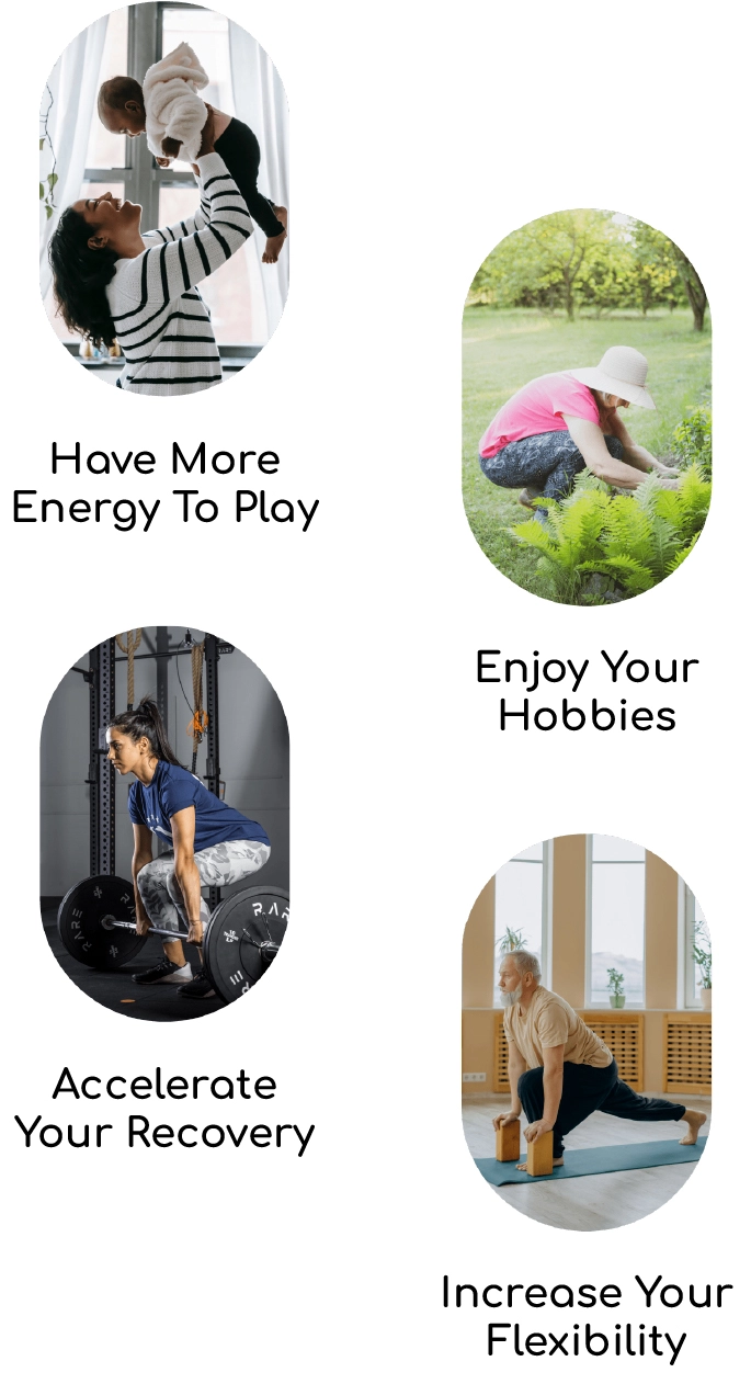 A series of images showing people enjoying hobbies such as yoga, gardening, playing and weighlifting